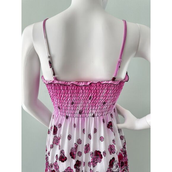 Vintage Y2k Sundress Casual Pink & White Flower Print Smocked Bodice Dress Small - Picture 4 of 7